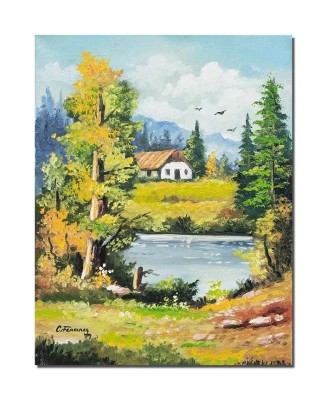 Tablou peisaj din natura pictat manual, Oaza de liniste, 45x35cm ulei pe panza foto