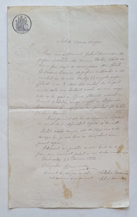 &Icirc;nscrisu de v&acirc;nzare păm&acirc;nt &ndash; Vălești, județul Covurlui &ndash; 1872 &ndash; plată &icirc;n napoleoni de aur