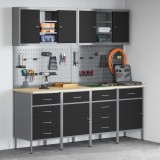 vidaXL Set dulap lucru &amp; panou c&acirc;rlige, 10 piese, negru, MDF &amp; metal