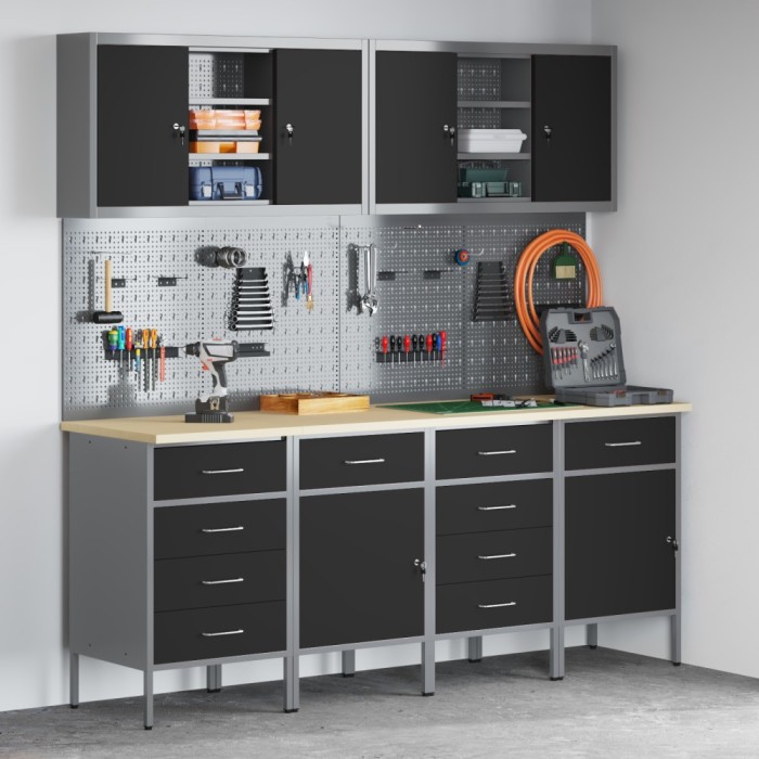 vidaXL Set dulap lucru &amp; panou c&acirc;rlige, 10 piese, negru, MDF &amp; metal