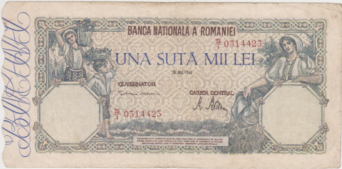 M - Bancnota Romania - 100000 lei - Emisiune 28 mai 1946