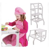 Scaun Inaltator Copii Pliabil Lemn 2in1, Masa Activitati Learning Tower Montessori, Alb, 18luni+
