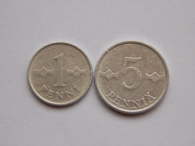 LOT 2 MONEDE 1 penni, 5 pennia -aluminiu -Finlanda foto