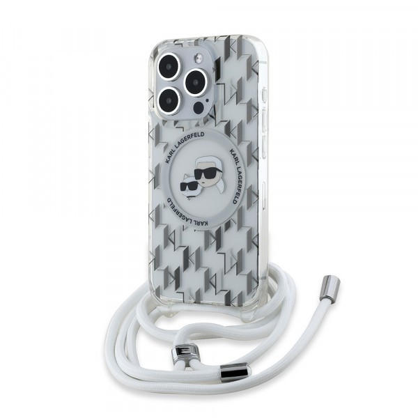 Husa MagSafe pentru Apple iPhone 15 Pro, Karl Lagerfeld, IML Crossbody Monogram Karl &amp; Choupette&#039;s Heads, Transparenta
