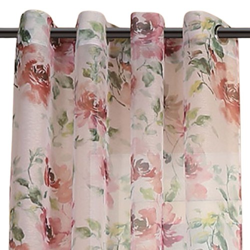 Perdea decorativa cu inele alba cu motive florale, din poliester, 140x260cm