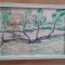 tablou Peisaj cu barca, tehnica mixta Adrian Hurmuz 1975 30x21 cm arta informala