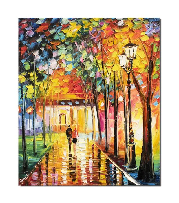 Tablou indragostiti pictat manual, Impreuna pe aleea vietii, 60x50cm ulei pe panza, superb