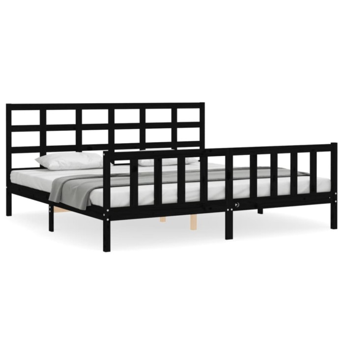 Cadru pat cu tablie 200x200 cm, negru, lemn masiv