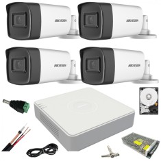 Sistem supraveghere video ultra profesional Hikvision 4 camere exterior 5MP Turbo HD cu IR 80M DVR 4 canale full accesorii cu HARD 1TB SafetyGuard Sur
