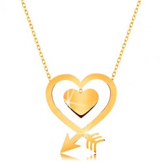 Colier din aur galben de 9K - lanţ subţire, contur inimă compus din săgeată şi inimă