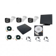 Kit 3 camere supraveghere 2MP FullHD + DVR 4 canale 5MP + Monitor LED 18.5 inch + Surse + Cablu sertizat + HDD 500GB foto