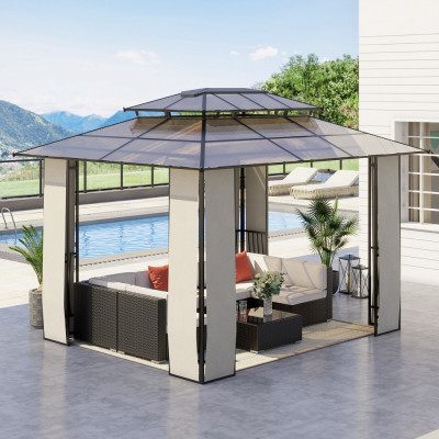 Outsunny Pavilion cu acoperis rigid din policarbonat 3.7 x 3 (m) Pergola din cadru metalic cu acoperis dublu pentru gradina, veranda, Maro foto