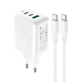 &Icirc;ncărcător de alimentare 2x USB-C/USB-A 65W PD QC 3.0 AFC FCP cu cablu USB-C de 1,2 m alb Acefast