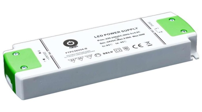 Sursă de alimentare POS FTPC50V24-D, driver LED POS 24V/2.08A CV, carcasă subțire din plastic, reglare intensitate TRIAC/ELV AC