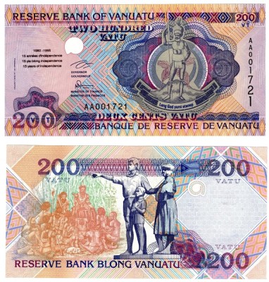 !!! X.RARR : VANUATU - 200 VATU (1995) , COMM - P 9 - UNC / HARTIE / SERIA AA001845 / 15 ANI DE INDEPENDENTA foto
