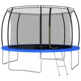 Trambulina Rotunda vidaXL 366 cm, Plasa Siguranta, Scara, Copertina, 150 kg, Negru/Gri/Albastru, Exterior