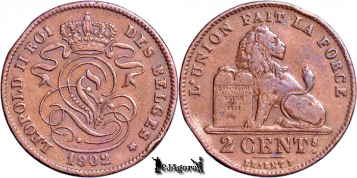 1902, 2 Centimes - Leopold al II-lea - Regatul Belgiei - inscripție franceză