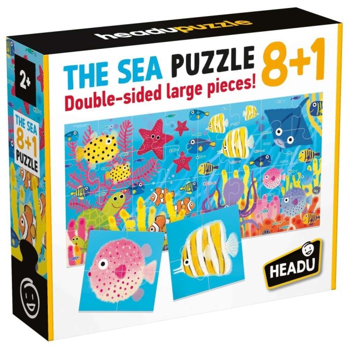 Headu - 8+1 Puzzle Animale Marine cu piese mari imprimate pe ambele fete
