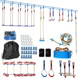 AIYAPLAY Ninja Line Set Slackline copii 24 m cu inele gimnastice, 7 obstacole, bară de cățărat, pod de echilibru pentru 3-6 ani Roșu+Albastru | Aosom