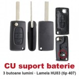 Set 2 bucati - Carcasa cheie briceag Topautochei&amp;#174; 3 butoane lumini, CU suport baterie, lamela HU83, compatibila cu Peugeot 307 308 407 si Citroen