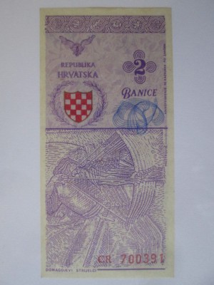 Rara! Croația 2 Banice 1990 UNC bancnota propunere/test foto