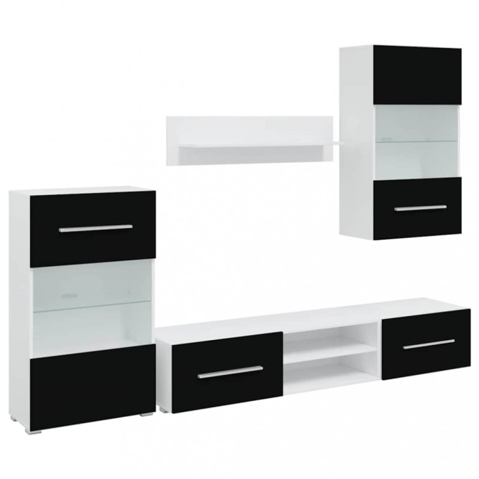 Set mobilier comoda TV de perete, 5 piese, iluminare LED, negru