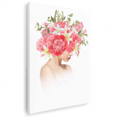 Tablou modern femeie profil cu bujori si crini flori pe cap, roz 1350 Tablou canvas pe panza CU RAMA 70x100 cm