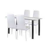 Set Sufragerie Norman 4+1 Leziter Alb/Negru, Masa 140x80cm, Scaune Piele Textila Alb, Cadru Otel Negru