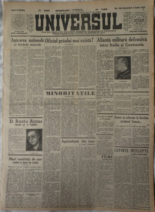 Ziarul Universul, 6 Iunie 1937, director: Stelian Popescu, 16 pagini
