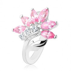 Inel lucios argintiu, floare cu zirconii roz și transparente, frunză lucioasă - Marime inel: 54