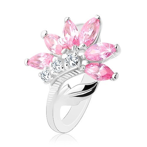 Inel lucios argintiu, floare cu zirconii roz și transparente, frunză lucioasă - Marime inel: 57
