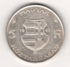 SV * Ungaria 5 FORINT 1947 ARGINT .500 XF + foto