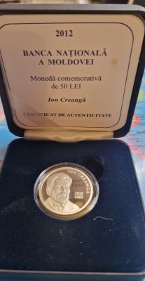Moldova, 50 lei 2012, Ion Creanga argint, cutie, certificat foto