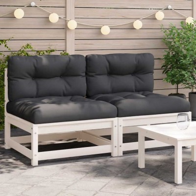 vidaXL Canapele de grădină fără cotiere, cu perne, 2 buc., alb 838087 foto