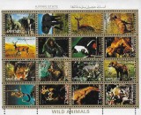Coliță Minitablou 16 Timbre Ajman Emiratele Arabe 1971 Fauna Sălbatică Animale Wild Animals Neștampilat - A007