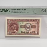 BANCNOTA UNC 10 LEI 1952 GRADATA PMG 64 - SERII CONSECUTIVE