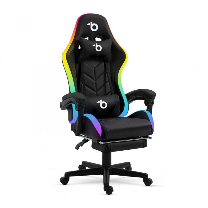 Scaun gamer RGB LED - cu cotiere, perna si telecomanda lumini - negru