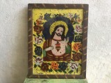 colectie / arta / religie - Icoana veche pictata pe sticla Iisus Hristos cu Inima Sacra arta naiva taraneasca in rama de lemn / Transilvania !
