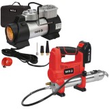 Yato YT-07020 + YT-73460 - Masina de gresat cu 1 acumulator Li-Ion 18 V 3 Ah 620 bar + Compresor auto 40 l/min 10 bar accesorii