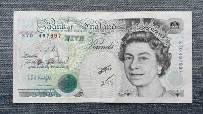 5 Pounds 1990 Anglia / Regatul Unit , Marea Britanie / Graham Edward Alfred Kentfield (1991-1993), Regina Elisabeth II / seria 497897 foto