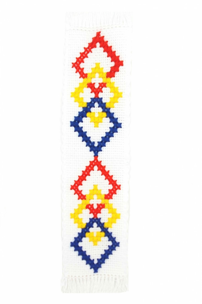Semn de carte cusut manual pe etamina, cu motive traditionale romanesti,  Tricolor | Okazii.ro
