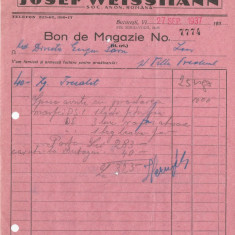 România, Soc. Anon. Română Josef Weissmann, bon de magazie, 1937