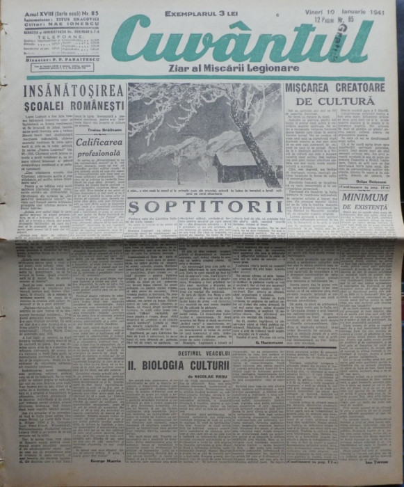 Cuvantul , ziar al miscarii legionare , 10 ianuarie 1941