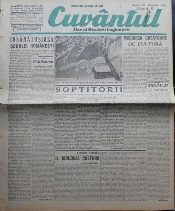 Cuvantul , ziar al miscarii legionare , 10 ianuarie 1941 , 1