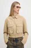 Hugo Blue geacă din denim femei, culoarea bej, de tranziție, oversize, 50530800