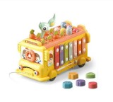 Jucarie interactiva bebelusi, autobuz cu activitati, xilofon, ceas si piese de sortare, galben