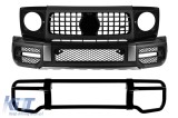 Kit bara fata A Design tip G63 cu bullbar lacuit negru potrivit pentru Mercedes G-Class W464 dupa 2018 cu PDC, grila, inele pentru faruri, extensii pe