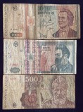 ROMANIA LOT TREI BANCNOTE CIRCULATE/500 SI 1000 LEI 1991 SI 500 LEI 1992,BONUS ! 1000 LEI 1998/ VEZI POZE...