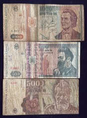 ROMANIA LOT TREI BANCNOTE CIRCULATE/500 SI 1000 LEI 1991 SI 500 LEI 1992,BONUS ! 1000 LEI 1998/ VEZI POZE...
