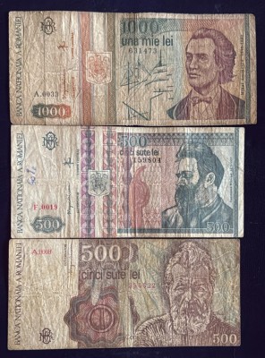 ROMANIA LOT TREI BANCNOTE CIRCULATE/500 SI 1000 LEI 1991 SI 500 LEI 1992,BONUS ! 1000 LEI 1998/ VEZI POZE... foto